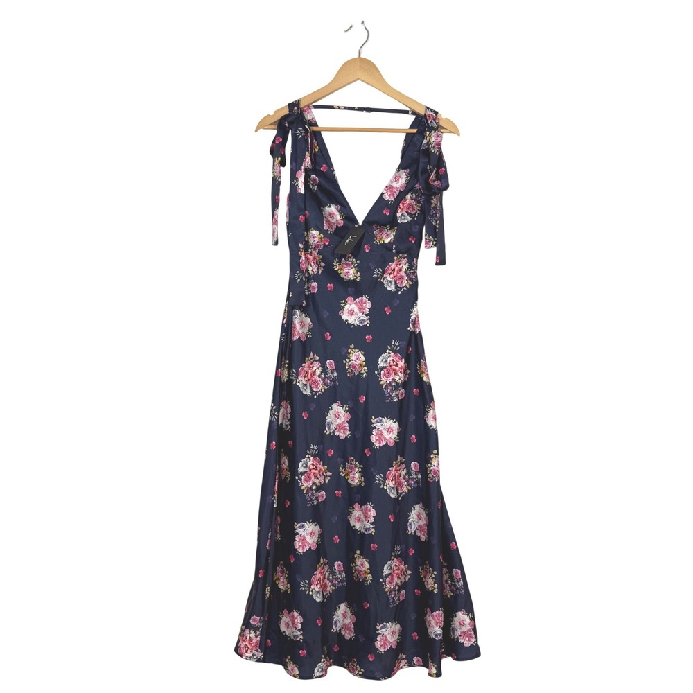 Lulus Henrietta Midi Dress Women XS Navy Floral NWT Tie Shoulder Satin Cocktail